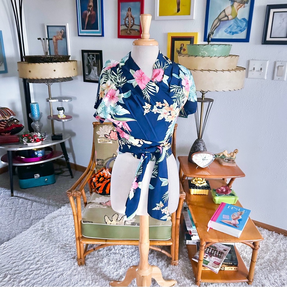 Retro Blouse Tropical Wrap Top Blue 40s 50s Style Rockin Romance Vintage M L